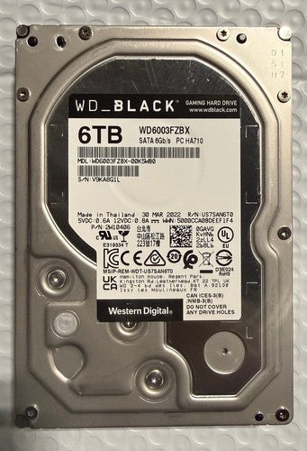 Western Digital 6TB 3.5" Hard Disk Drive 7200RPM SATA 256MB WD6003FZBX-00K5WB0