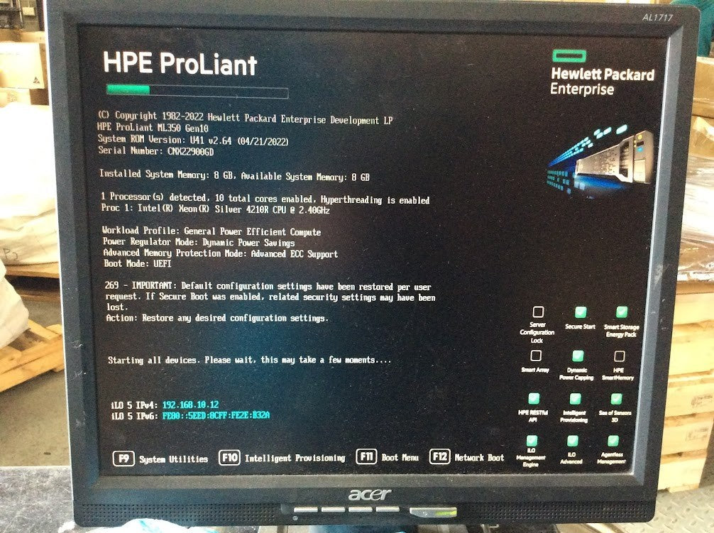 HP ProLiant ML350 G10 Tower Server 1x Xeon Silver 4210r 8GB RAID +2x 800w PSU A-