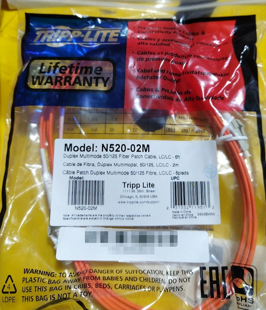 New Tripp-Lite N520-02M Duplex Multimode 50/125 Fiber Patch Cable 2M Orange