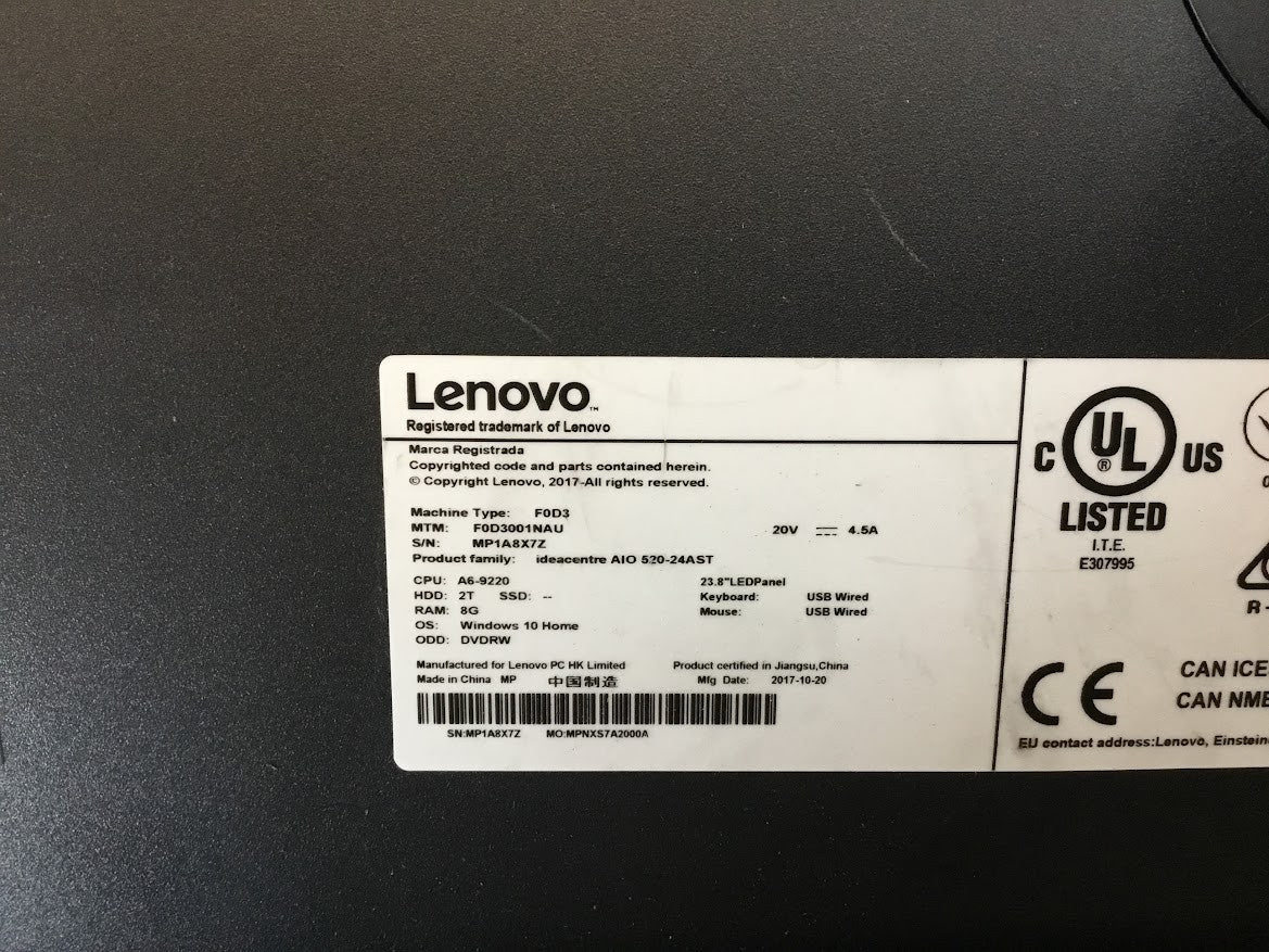 Lenovo Ideacentre AIO 520-24AST 23.8" A6-9220 RADEON R4 8GBRAM 250GBSSD Win11 A-