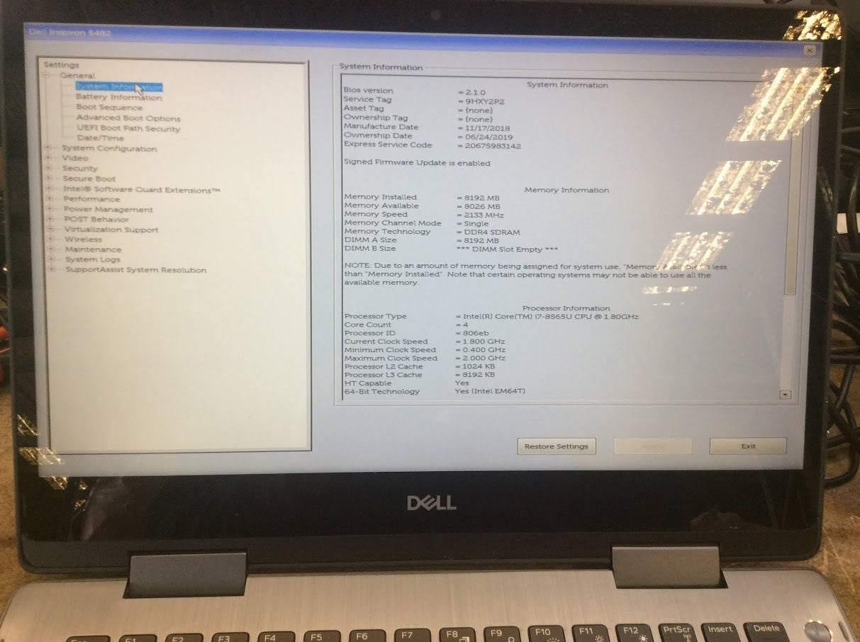 DELL Inspiron 5482 Laptop 14" i7-8565U 8GBRAM 256GBSSD Touch USB-C HDMI Silver B
