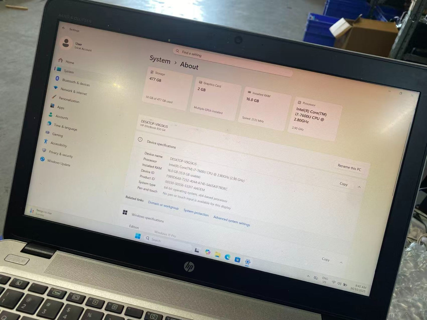 HP ProBook 850 G4 Laptop 15.6'' i7-7600U@2.80GHz 16GBRAM 512GBSSD Intel+AMD GPU