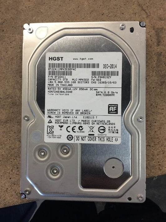 HGST 3TB Desktop 3.5" HDD SATA 6.0Gb/s 7200RPM 0F22411 Hard Disk Drive Silver