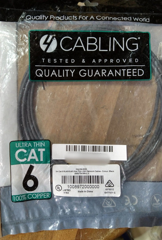 Brand New 4CABLING 3M Cat 6 RJ45-RJ45 Ultra Thin Lszh Network Cable Colour Black