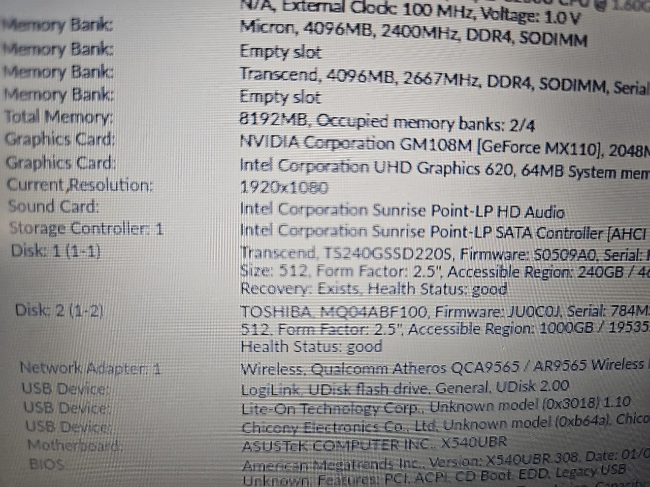 ASUS Vivobook 15 X540UBR Laptop 15.6"i5-8250U 8GBRAM 250GBSSD+1TBHDD FHDWin11 A-