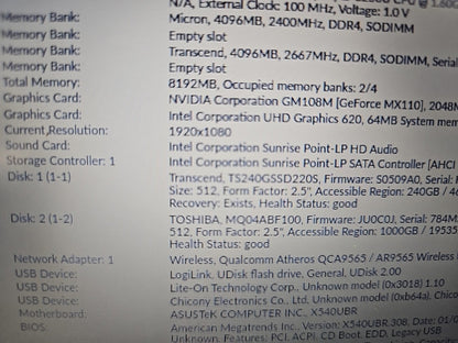 ASUS Vivobook 15 X540UBR Laptop 15.6"i5-8250U 8GBRAM 250GBSSD+1TBHDD FHDWin11 A-