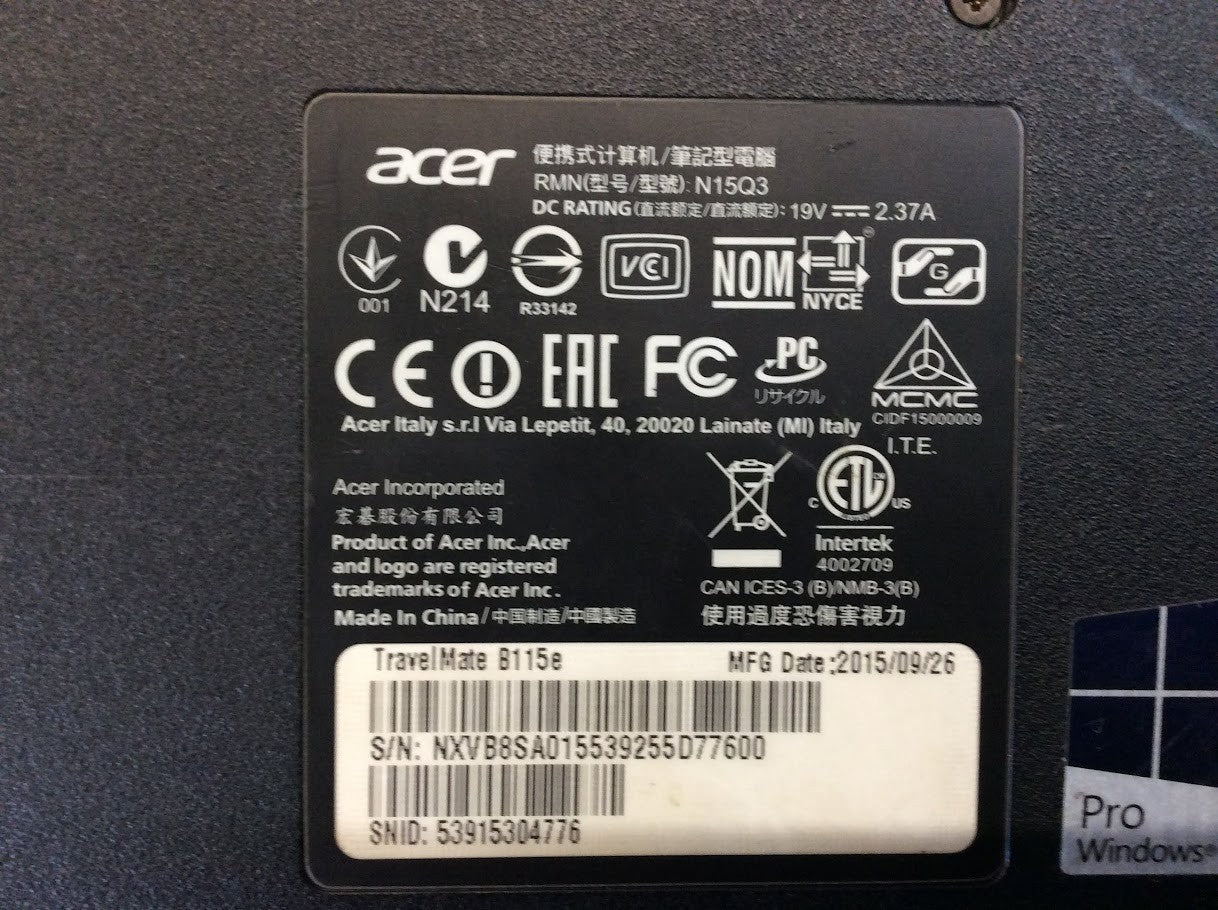 Acer TravelMate B115e Laptop 11.6" Celeron N3150 4GBRAM 128GB Win11 Black A-