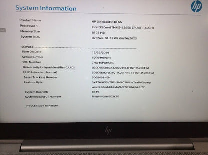 HP EliteBook 840 G6 Laptop 14'' i5-8265U@1.60GHz 8GBRAM 256GBSSD USN3.0 Silver B