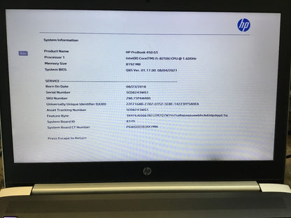 HP ProBook 450 G3 Laptop 15.6" i5-8250U 8GBRAM 256GBSSD HDMI VGA Win11 Black B
