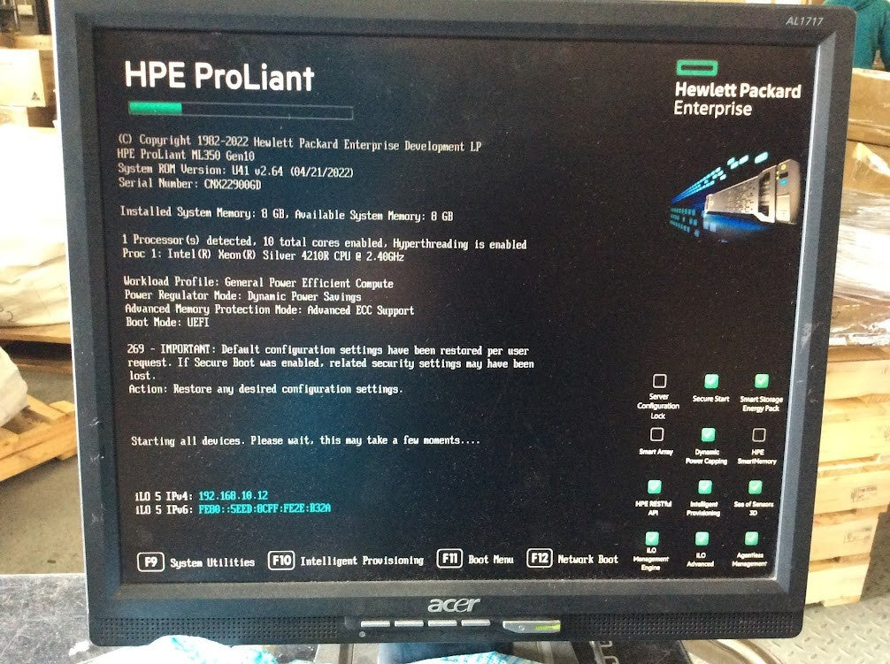 HP ProLiant ML350 G10 Tower Server 1x Xeon Silver 4210r 8GB RAID +2x 800w PSU A-
